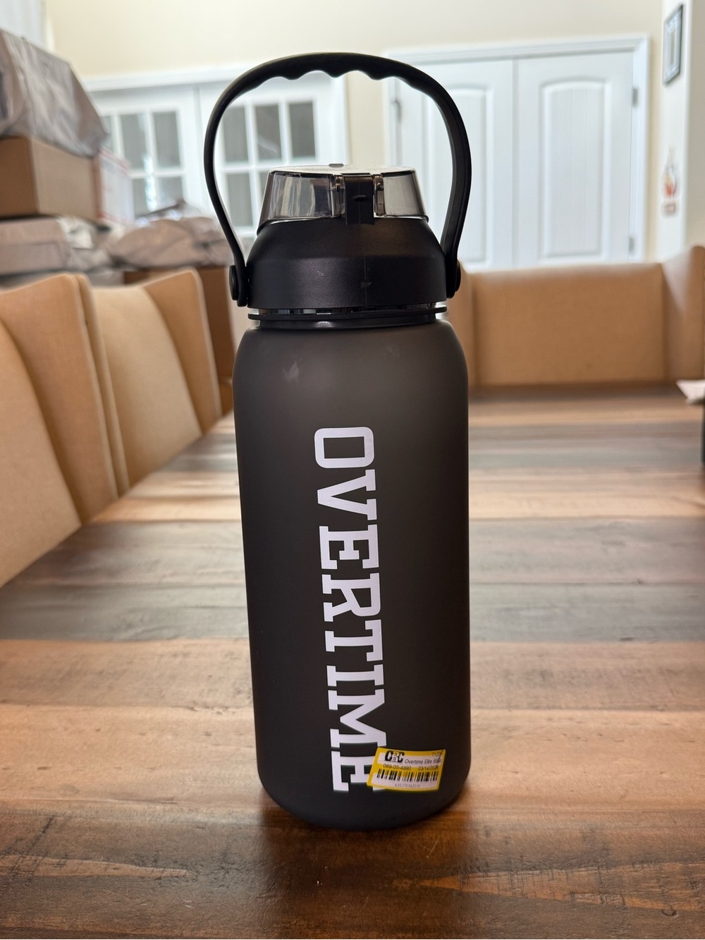 Overtime Sport Flip Lock Water Bottle Black Plastic w/ Handle Straw, 64 fl oz